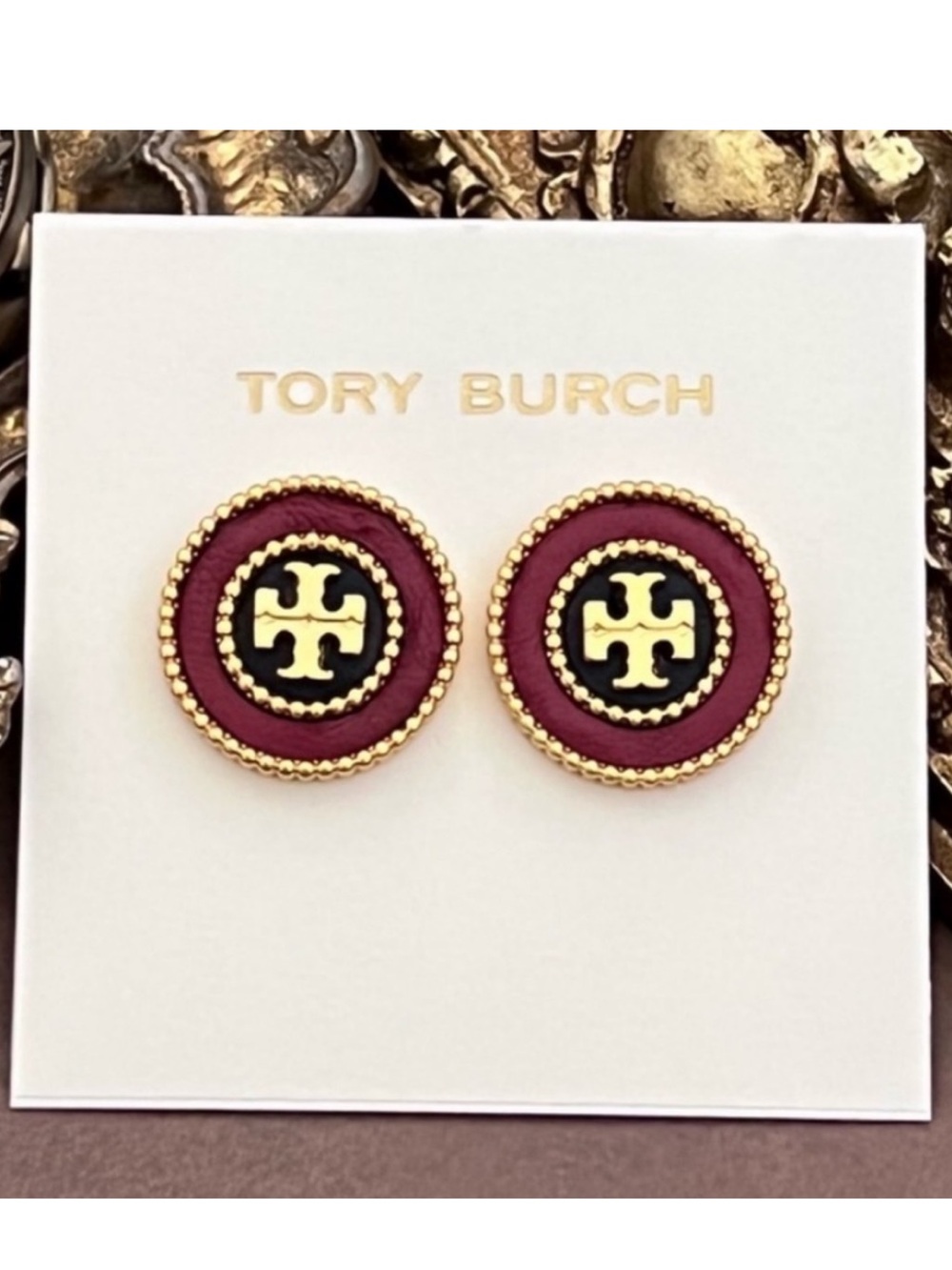 Tory Burch Red and Gold Milgrain Logo Stud Earrings New